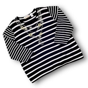 Vintage Black & White Striped 3/4 Sleeve Top with Necklace Detail